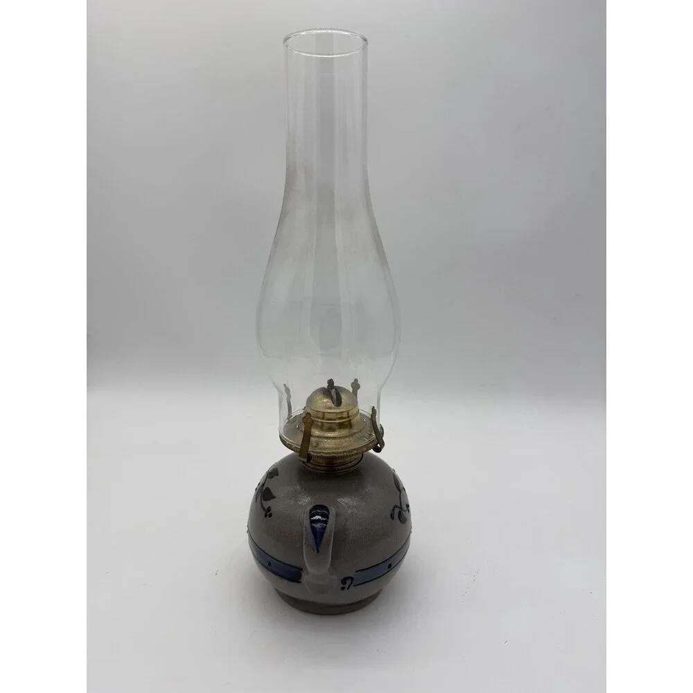 Rare Rowe Pottery Works Salt Glazed USA Oil Lamp Floral Pattern Painted 15”